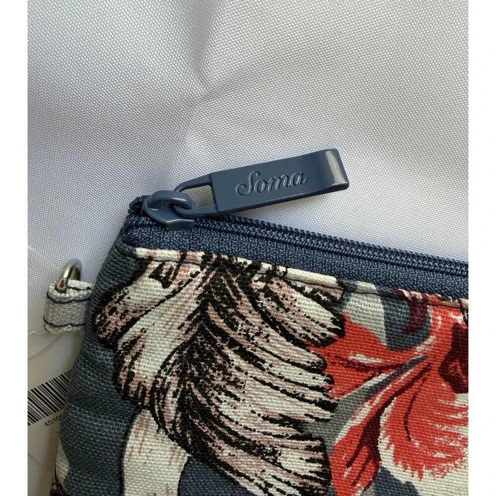 Soma Floral Print Cosmetic Bag NWT Makeup Travel Pouch Essentials Blue Gray Zip